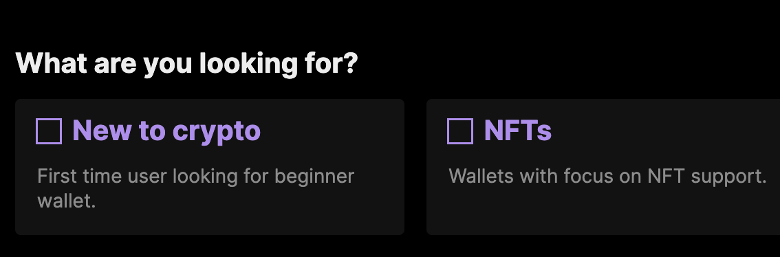 seleção de filtro na página 'find a wallet' (encontrar uma carteira)